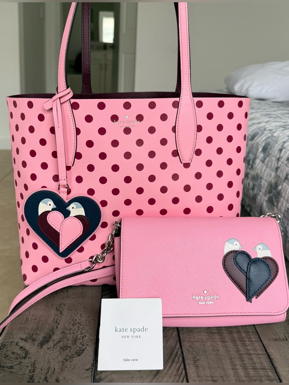 Rare Kate Spade Love Birds Polka Dot Reversible Tote Bag and Matching Crossbody
